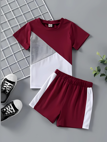 Maroon Panel T-Shirt Shorts Set