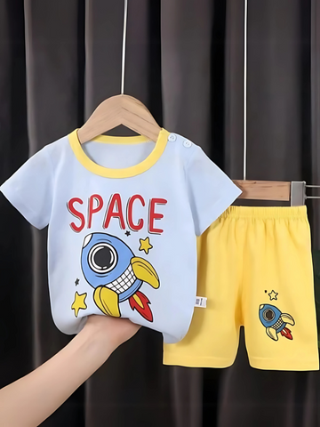 Sky Blue Rocket-Printed Kids' Short Sleeve T-Shirt