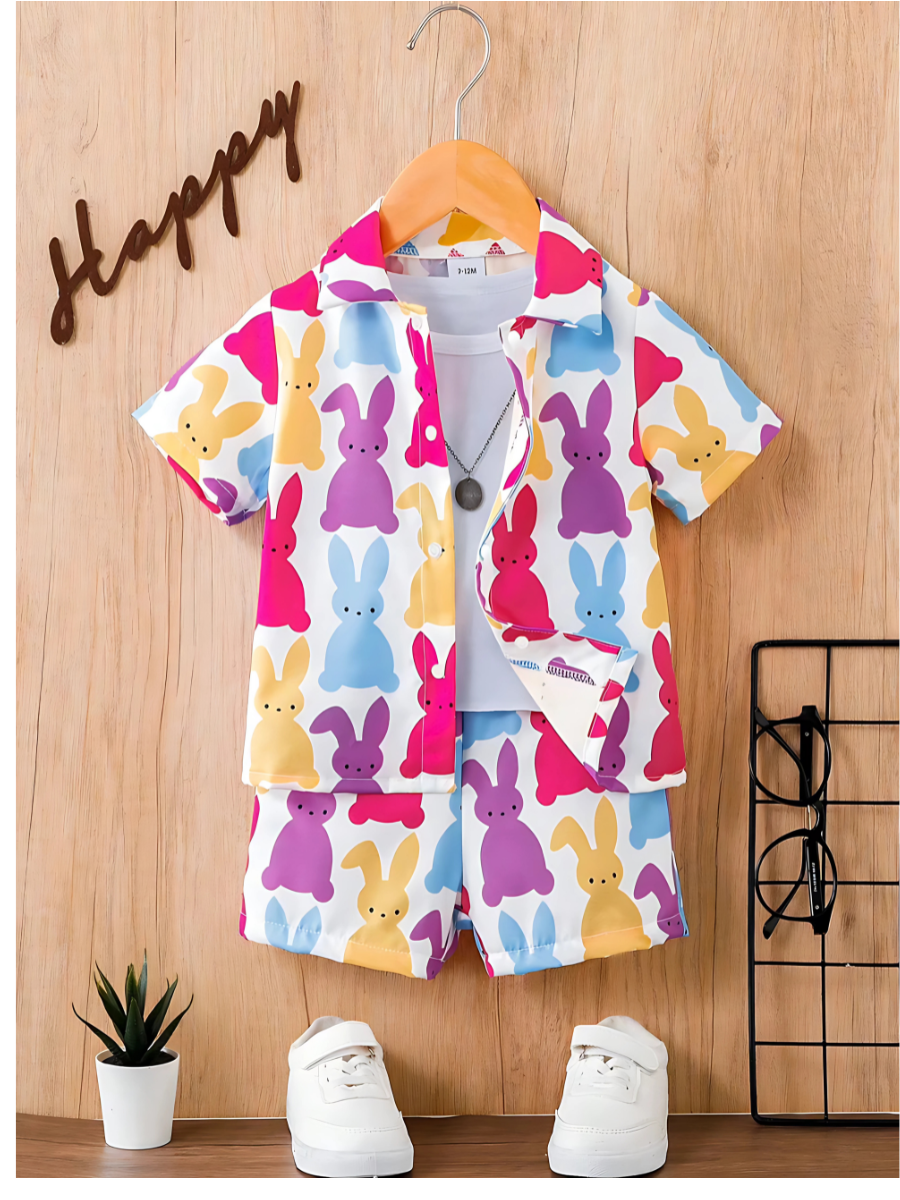 Baby/Boy Summer Multi Rabbit Printed Silk Shirt And Short