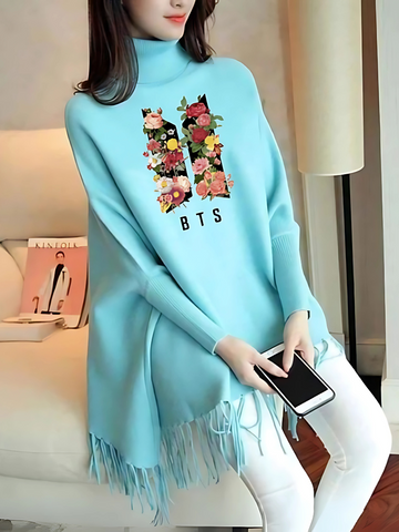 BTS With Flower Printed Woman's Fleece Shoal Poncho