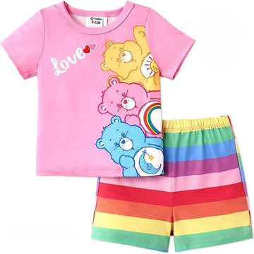 Pink Love Bear Print Short Sleeve Tee & Shorts Set