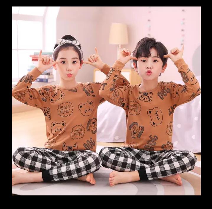 Brown check printed kids wear